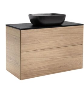 KOMMOD ISELLA 90 EK MED SVART BÄNKSKIVA OCH REKTANGULÄRT SVART MATT TVÄTTSTÄLL 46X33 CM