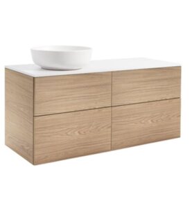 KOMMOD ISELLA 120 EK MED VIT BÄNKSKIVA OCH RUNT VIT MATT TVÄTTSTÄLL 42 CM