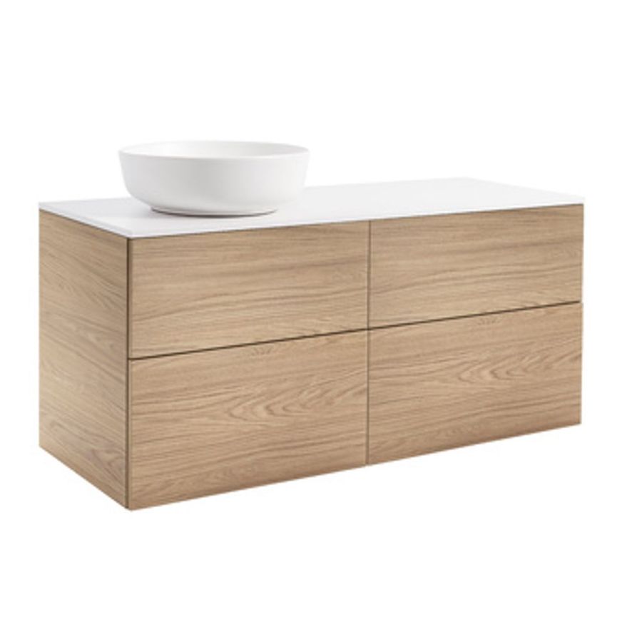 KOMMOD ISELLA 120 EK MED VIT BÄNKSKIVA OCH RUNT VIT MATT TVÄTTSTÄLL 42 CM