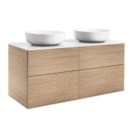 KOMMOD ISELLA 120 EK MED VIT BÄNKSKIVA OCH 2 STK RUNDA VITA MATTA TVÄTTSTÄLL 42 CM