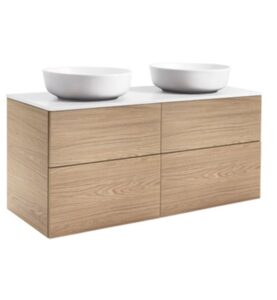 KOMMOD ISELLA 120 EK MED VIT BÄNKSKIVA OCH 2 STK RUNDA VITA MATTA TVÄTTSTÄLL 42 CM