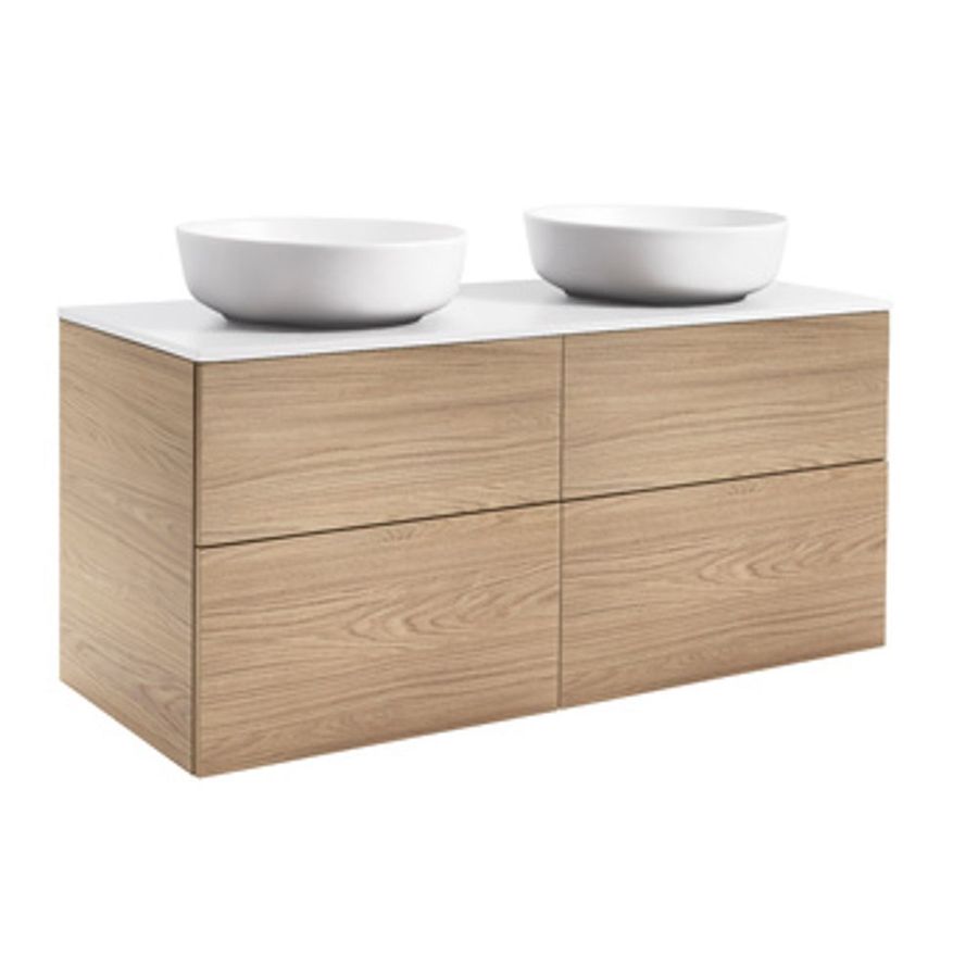 KOMMOD ISELLA 120 EK MED VIT BÄNKSKIVA OCH 2 STK RUNDA VITA MATTA TVÄTTSTÄLL 42 CM